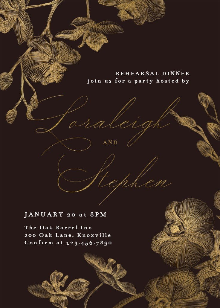 Gold orchids - rehearsal dinner party invitation